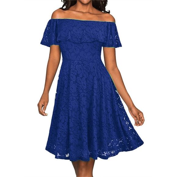 💙 Off Shoulder Lace Retro Pinup Vintage 1950s Cocktail Ruffle Blue Dress L NWT - Picture 9 of 16